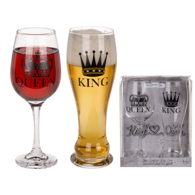 Set 2 Bicchieri in Vetro King & Queen Calice e Bicchiere Birra Coppia