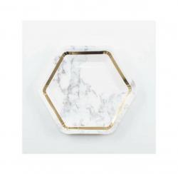 Piatti in Carta Esagonali Marble effetto Marmo bordo Oro Metal 8 pezzi 23 cm