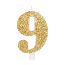Candelina Oro Glitter in Cera Numero 9 misura 9,5 cm