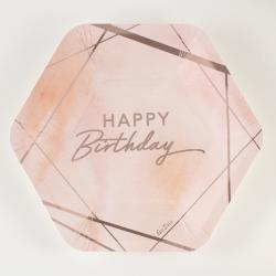 Piatti in Carta Happy Birthday Esagonali Rose Gold Metal 8 pezzi 23 cm
