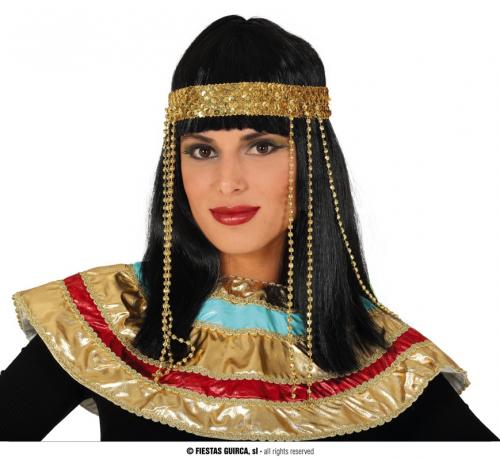 Parrucca Liscia Nera Egiziana con Frangia e Diadema Oro Incluso