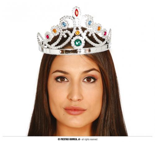 Diadema Corona Regina Principessa in Plastica Argento con Strass Colorati
