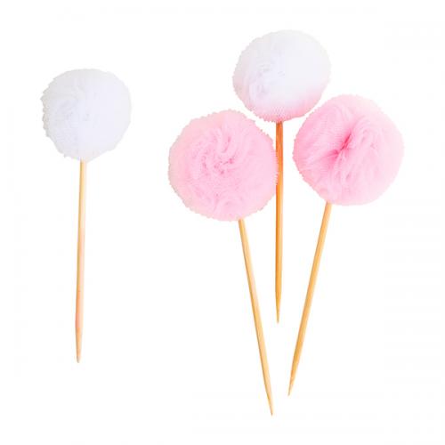 Picks Pom Pom in tulle Bianco e Rosa 8 pezzi 11 cm